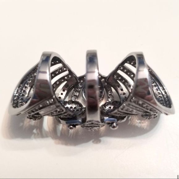 GORGEOUS SILVER GUNMETAL CZ COVERED JOINTED FULL FINGER SHIELD KNUCKLE RING NWT - Picture 7 of 11